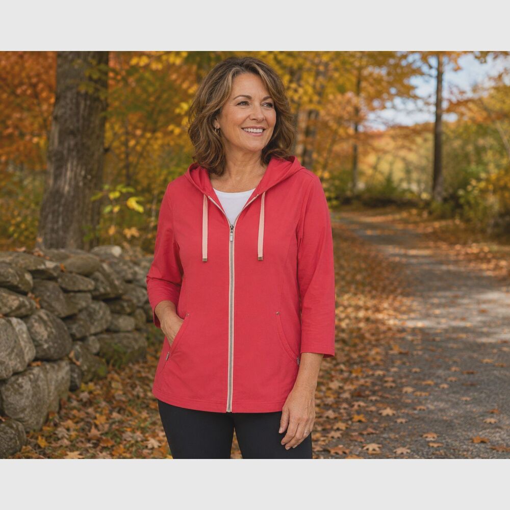 Chico's Weekends Perfect Stretch Size 3 Coral Hooded Full Zip Jacket #17